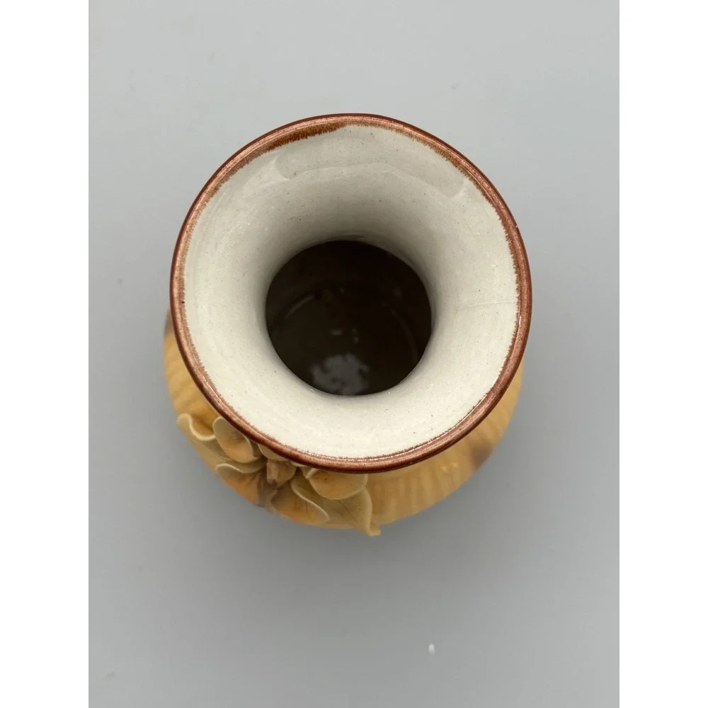 Vintage Mustard Yellow Flower Vase Floral Design Handmade Ceramic Pottery  7